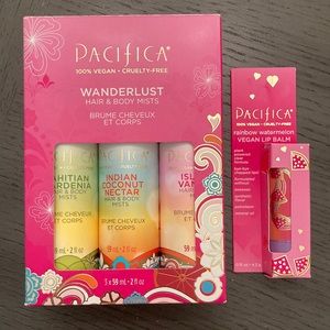 Pacifica set of 3 vegan Hair and Body mists and 1 vegan Lip Balm. Unused
